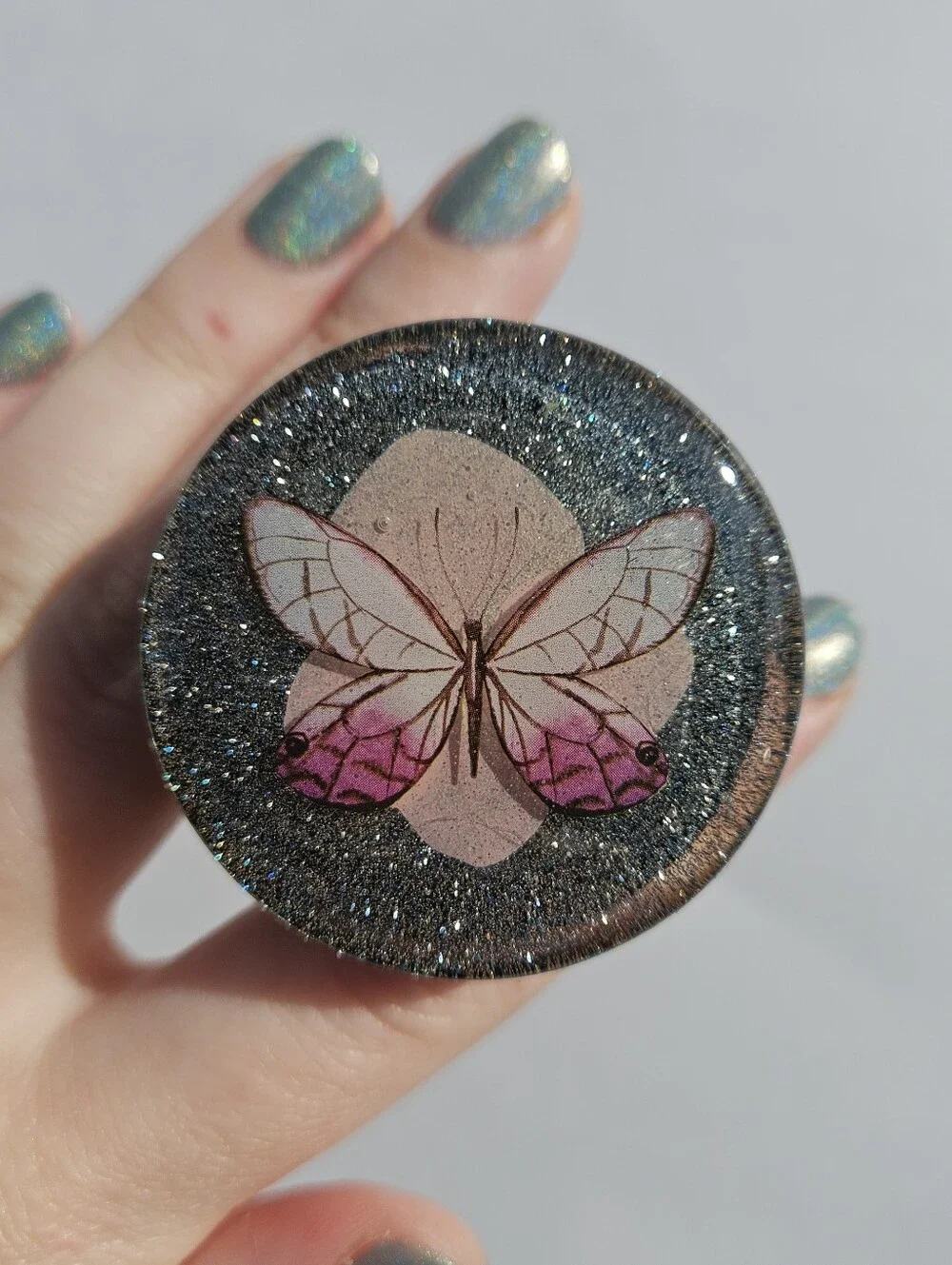 Handmade Pink Butterfly & Flower Resin Phone Grip Whimsical Cute Silver Glitter